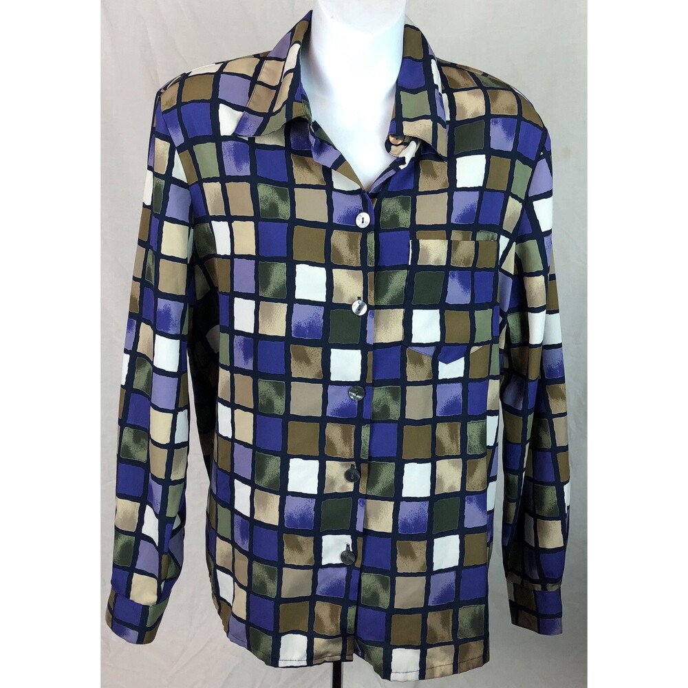 Vintage Kathy Che Top 10 Purple ColorBlock Button Up Long Sleeve Career Classic